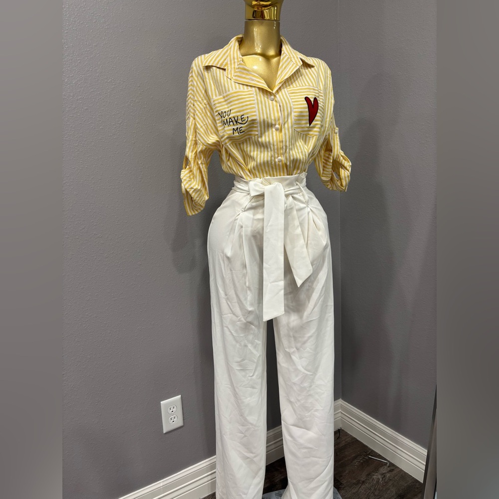 Yellow Striped Blouse and White Pants Set